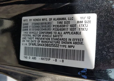 2013 Honda Odyssey Ex z USA, uszkodzony, nr VIN 5FNRL5H4XDB025532